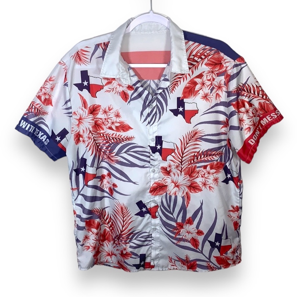 Texas Proud Patriotic Hawaiian Button Up Shirt Red White Blue Theme Men's M/L
